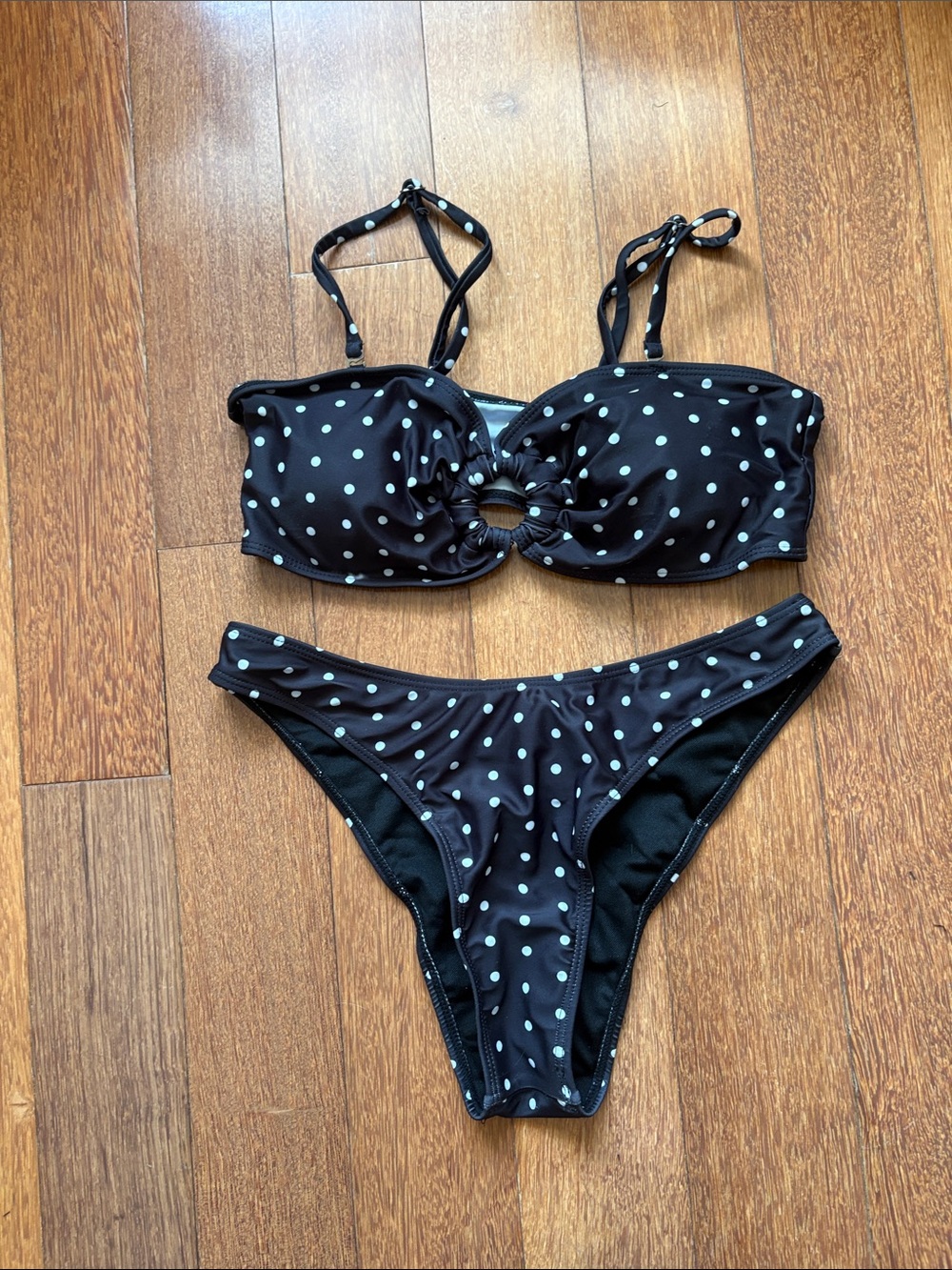 SHEIN Black Polka Dot Ring-Front Bikini